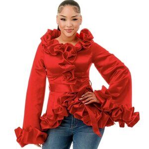Red Plus Wide Round Neck Ruffle Top